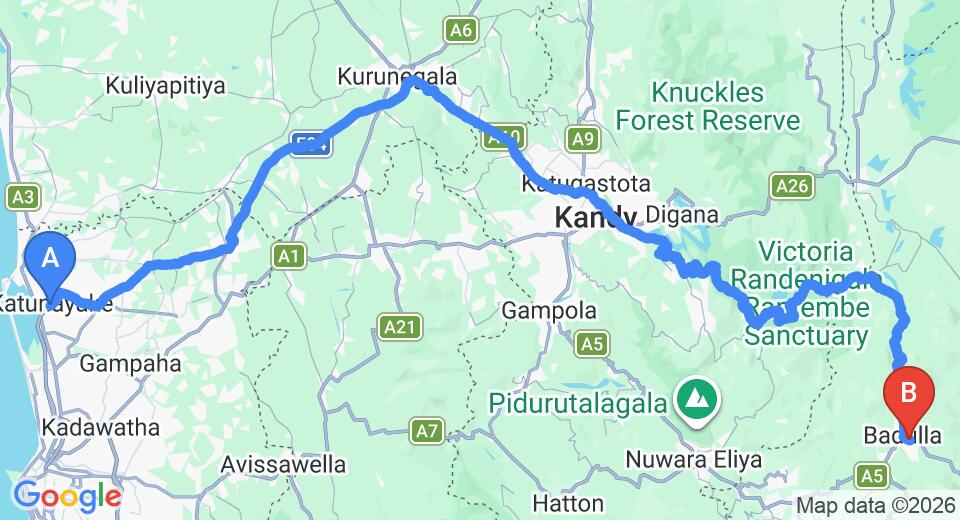 Driving route map: Colombo Airport (CMB) to River Side Holiday Inn, Badulla (228 km, approx 5 h 46 min private transfer)
