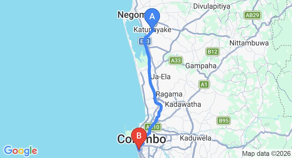 Driving route map: Colombo Airport (CMB) to Indra Regent Hotel, Colombo (36 km, approx 50 min private transfer)
