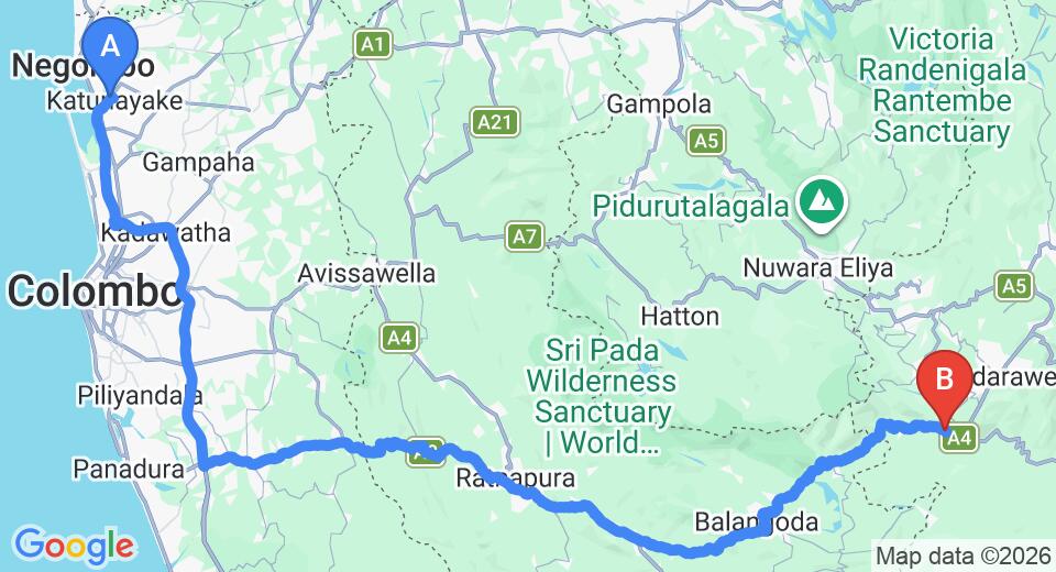 Driving route map: Colombo Airport (CMB) to Melheim Resort, Haputale (204 km, approx 4 h 50 min private transfer)