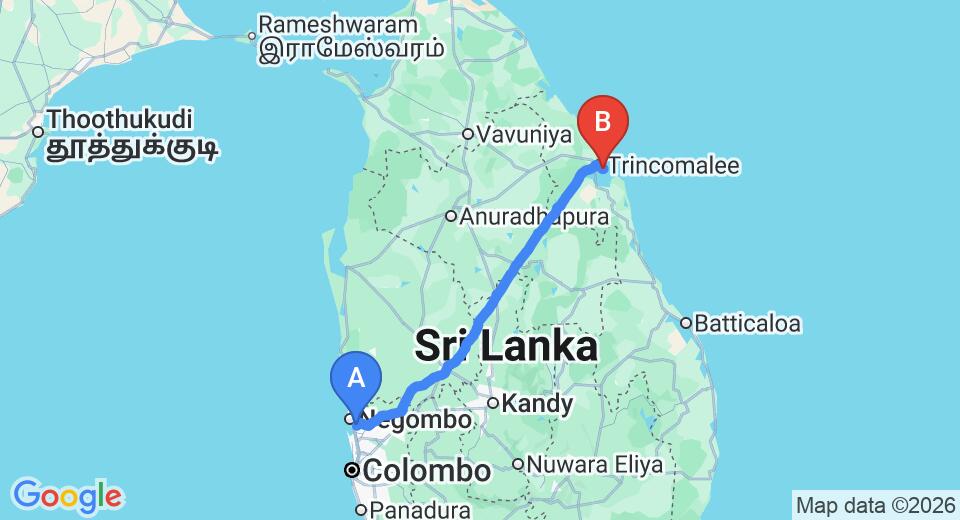 Driving route map: Colombo Airport (CMB) to Green Park Beach Hotel, Trincomalee (239 km, approx 4 h 52 min private transfer)