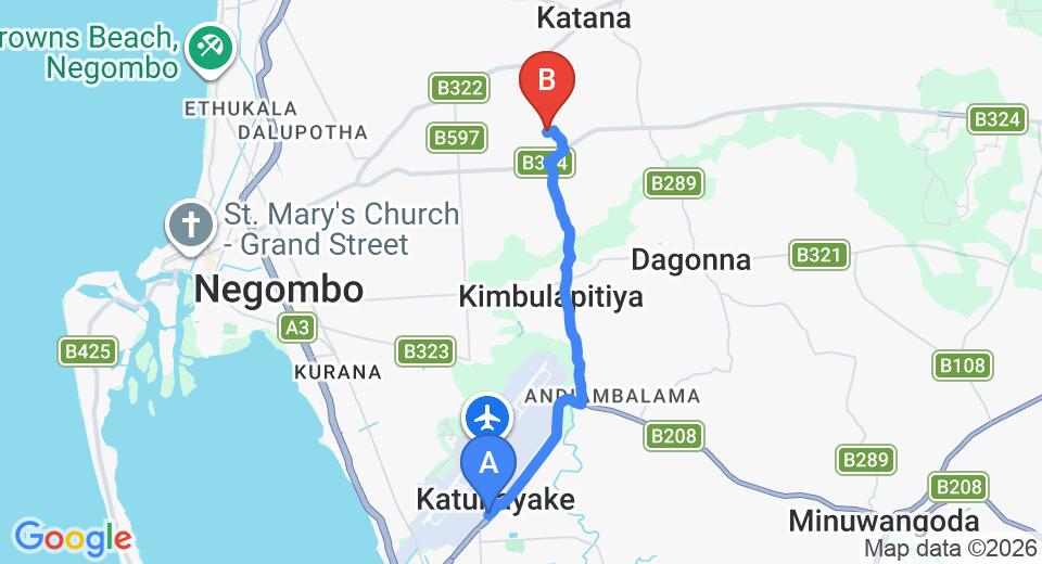 Driving route map: Colombo Airport (CMB) to Oreeka Hotel, Negombo (8 km, approx 18 min private transfer)