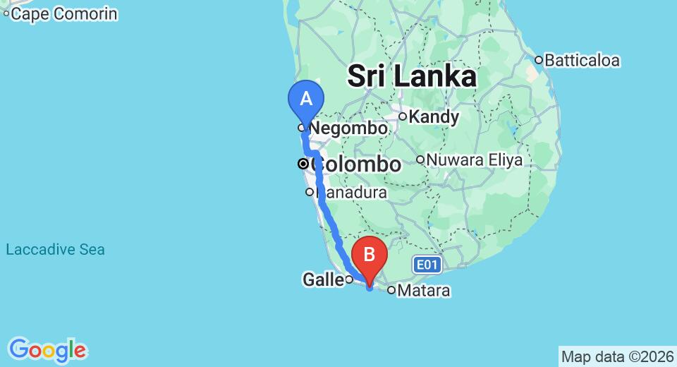 Driving route map: Colombo Airport (CMB) to Colonial Villa, Mirissa (168 km, approx 2 h 25 min private transfer)