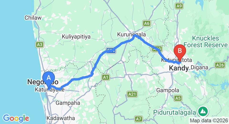 Driving route map: Colombo Airport (CMB) to The Oliver Tree Bungalow, Kandy (112 km, approx 2 h 44 min private transfer)