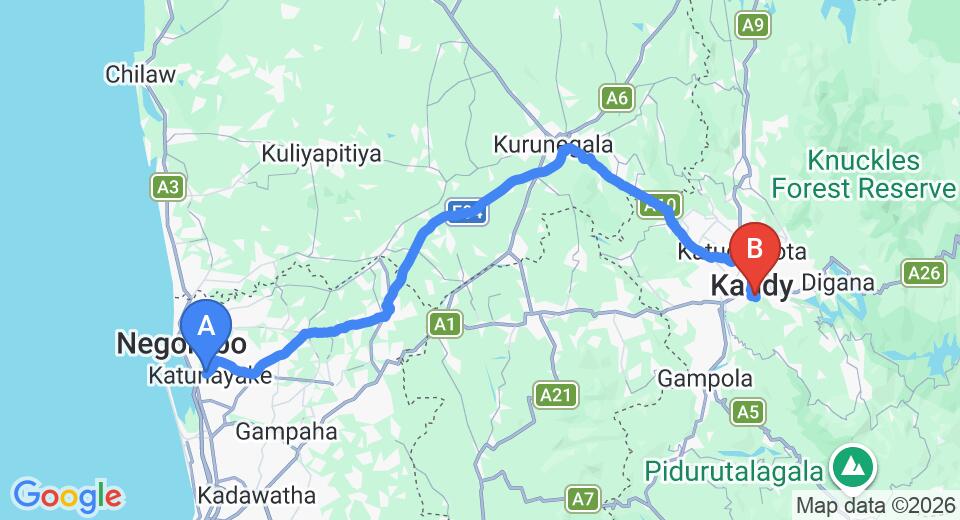 Driving route map: Colombo Airport (CMB) to Bethel Rest Homestay, Kandy (118 km, approx 3 h 2 min private transfer)