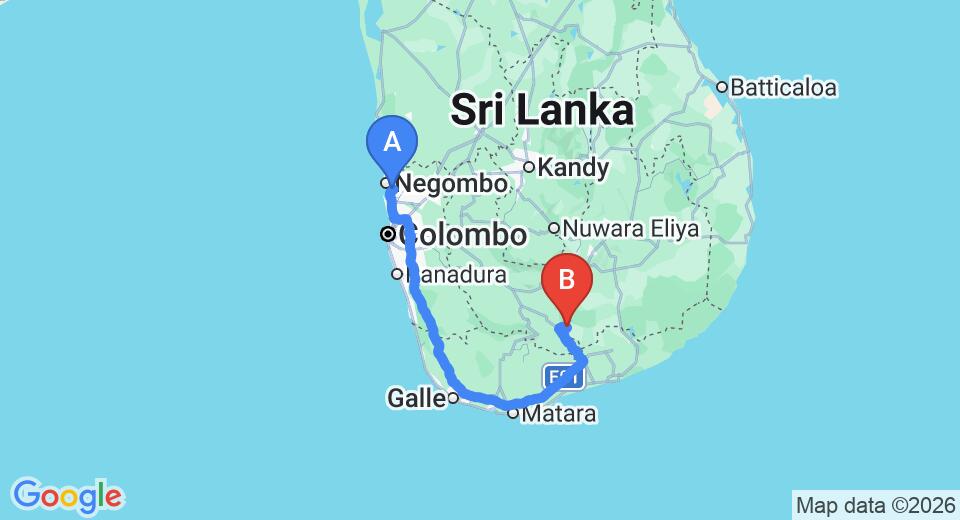 Driving route map: Colombo Airport (CMB) to Nil Diya Mankada, Udawalawe (262 km, approx 3 h 42 min private transfer)