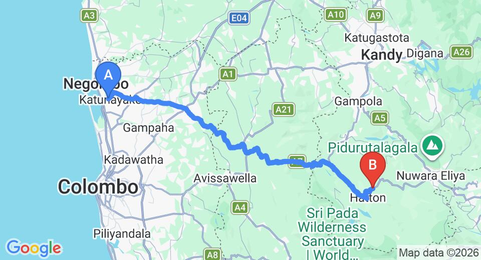 Driving route map: Colombo Airport (CMB) to Serene Rest, Kotagala (121 km, approx 3 h 44 min private transfer)