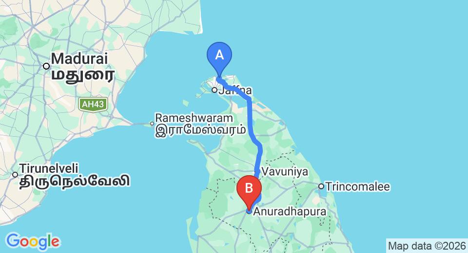 Driving route map: Jaffna (JAF) Airport to Anuradhapura (207 km, approx 4 h 0 min private transfer)