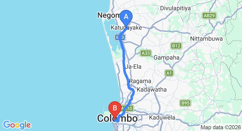 Driving route map: Colombo Airport (CMB) to Thilhara Days Inn, Colombo (34 km, approx 44 min private transfer)