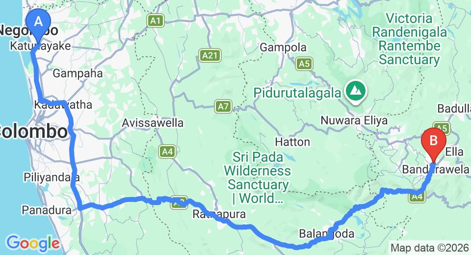 Driving route map: Colombo Airport (CMB) to Bandarawela Holiday Home, Bandarawela (220 km, approx 5 h 24 min private transfer)