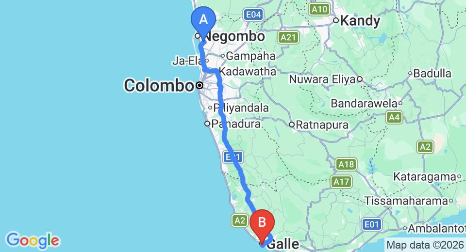 Driving route map: Colombo Airport (CMB) to Fort Printers, Galle (153 km, approx 2 h 13 min private transfer)