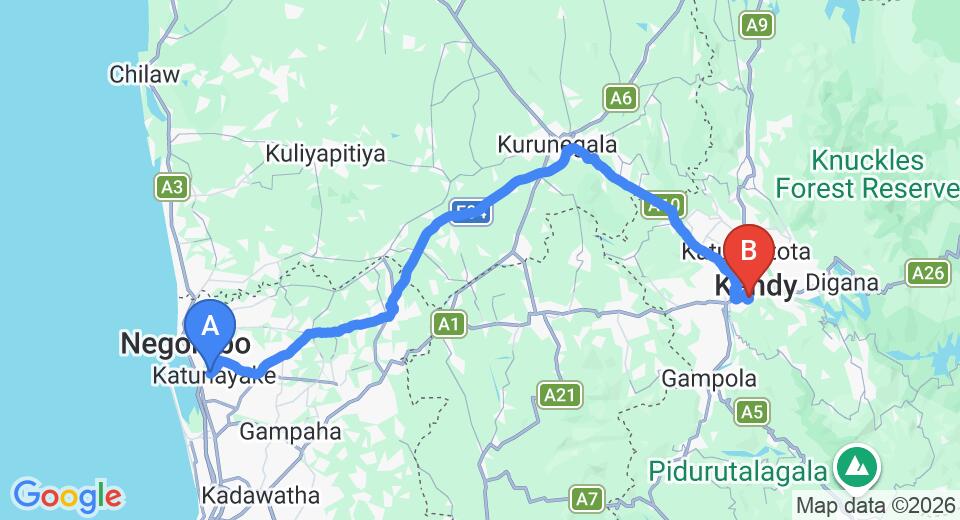 Driving route map: Colombo Airport (CMB) to Richmond Villa, Kandy (115 km, approx 2 h 56 min private transfer)