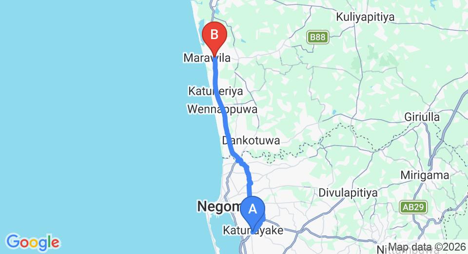 Driving route map: Colombo Airport (CMB) to Mario Beach Hotel, Marawila (33 km, approx 59 min private transfer)