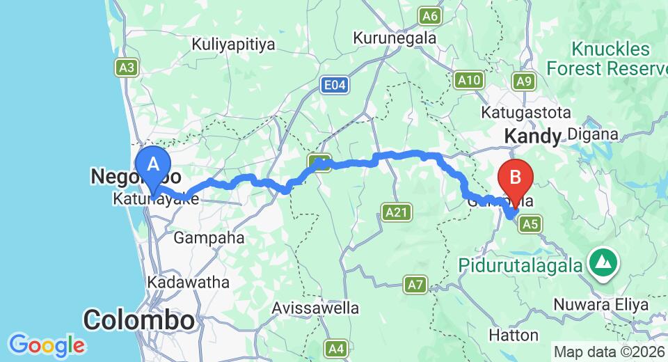 Driving route map: Colombo Airport (CMB) to Mount Havana Luxury Boutique Villa, Gampola (114 km, approx 3 h 29 min private transfer)
