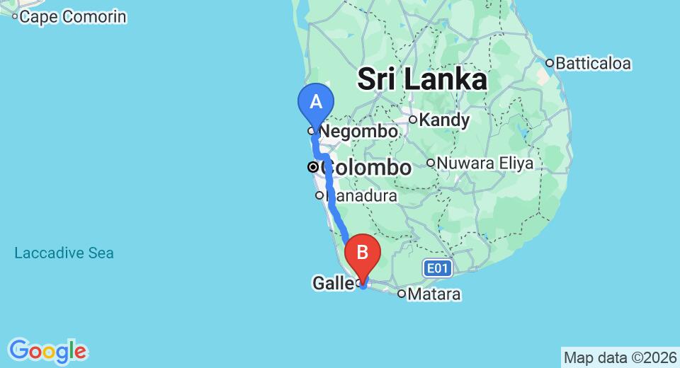 Driving route map: Colombo Airport (CMB) to Blanca Cottage, Galle (153 km, approx 2 h 12 min private transfer)
