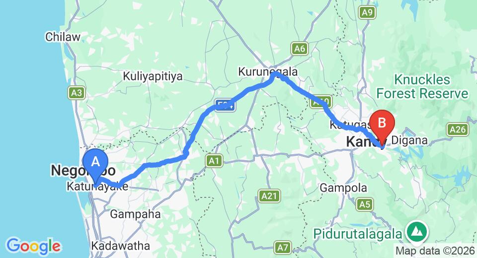 Driving route map: Colombo Airport (CMB) to Serendip Stone Bungalow, Kandy (119 km, approx 3 h 1 min private transfer)