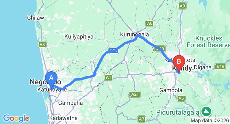 Driving route map: Colombo Airport (CMB) to Randholee Luxury Resort, Kandy (115 km, approx 2 h 55 min private transfer)