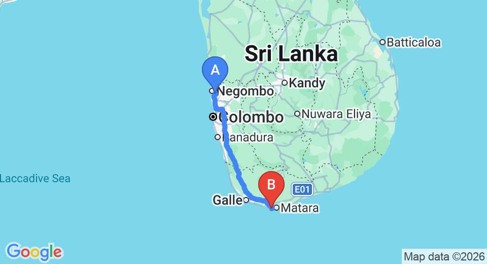 Driving route map: Colombo Airport (CMB) to Casa Mija, Mirissa (179 km, approx 2 h 35 min private transfer)