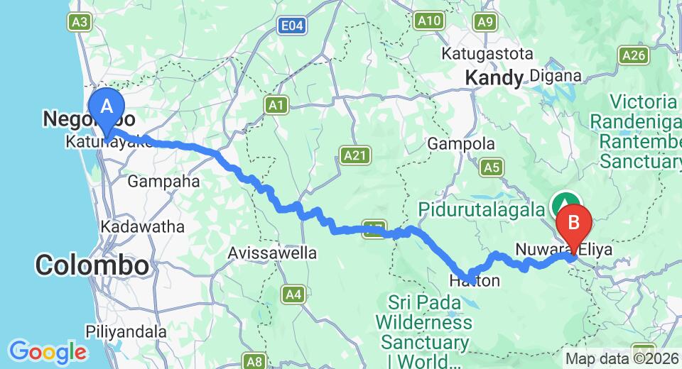 Driving route map: Colombo Airport (CMB) to Horton Towers and Cottages, Nuwara Eliya (154 km, approx 4 h 46 min private transfer)