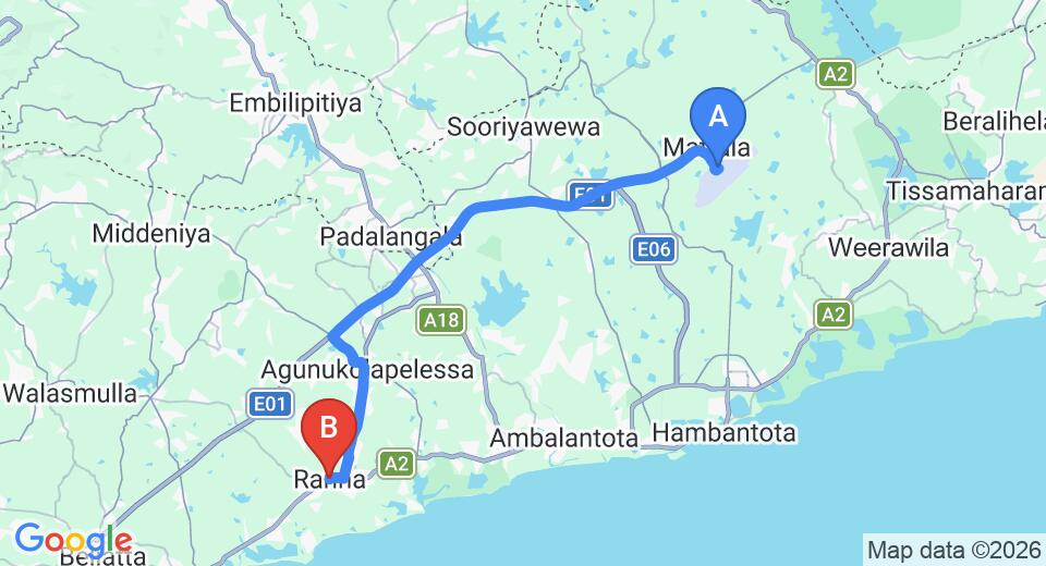Driving route map: Mattala (HRI) Airport to Ranna (45 km, approx 42 min private transfer)