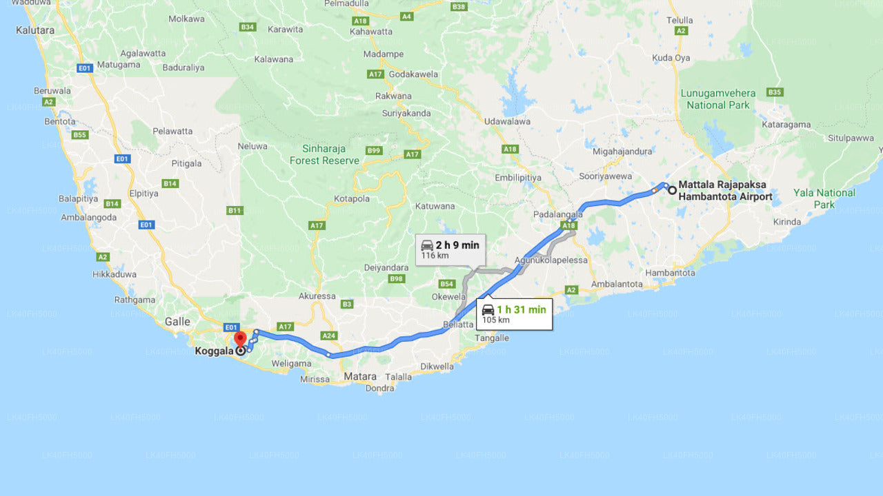 Soukromý transfer města Koggala na letiště Mattala (HRI)