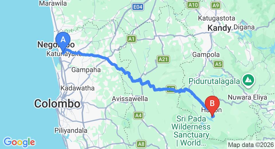 Driving route map: Colombo Airport (CMB) to Rock View Rest, Hatton (121 km, approx 3 h 47 min private transfer)