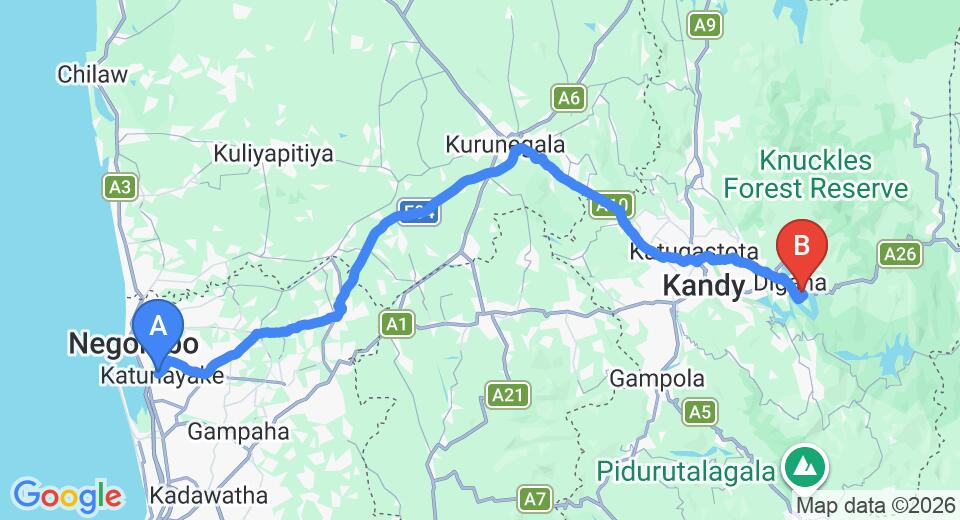 Driving route map: Colombo Airport (CMB) to Rukgala, Digana (131 km, approx 3 h 24 min private transfer)