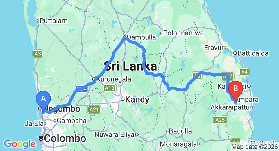 Driving route map: Colombo Airport (CMB) to Mahoora - Gal Oya, Ampara (329 km, approx 6 h 36 min private transfer)