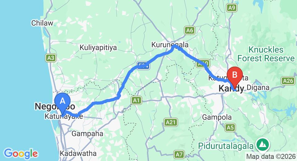 Driving route map: Colombo Airport (CMB) to Hillway Tour Inn Guesthouse, Kandy (116 km, approx 2 h 56 min private transfer)