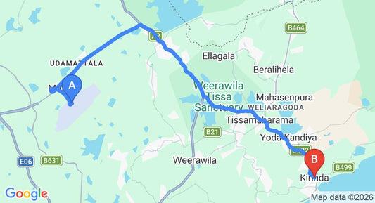 Driving route map: Mattala (HRI) Airport to Kirinda (40 km, approx 52 min private transfer)