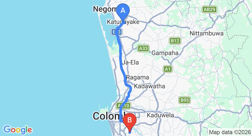 Driving route map: Colombo Airport (CMB) to The Villa Exotica, Kotte (38 km, approx 53 min private transfer)