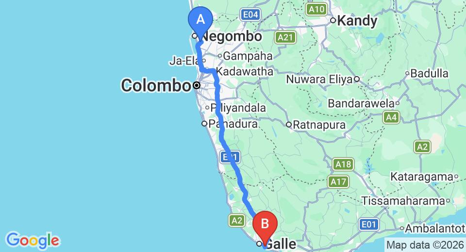 Driving route map: Colombo Airport (CMB) to Jolanka Resorts Unawatuna, Unawatuna (152 km, approx 2 h 6 min private transfer)