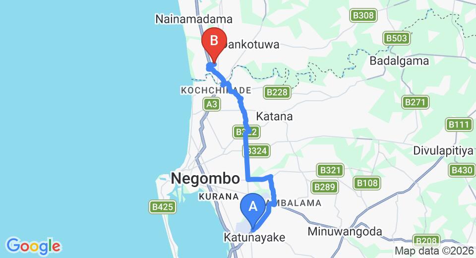 Driving route map: Colombo Airport (CMB) to Little Taprobane, Waikkal (18 km, approx 40 min private transfer)