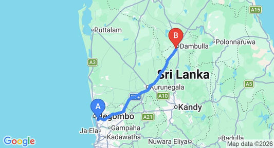 Driving route map: Colombo Airport (CMB) to Rangiri Dambulla Resort, Dambulla (126 km, approx 2 h 42 min private transfer)
