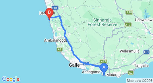Driving route map: Mirissa to Bentota (96 km, approx 1 h 38 min private transfer)