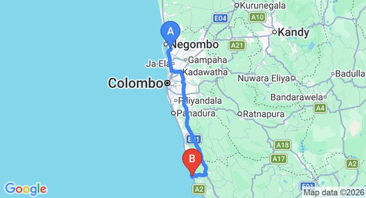 Driving route map: Colombo Airport (CMB) to Amba Ayurveda Boutique Hotel, Balapitiya (134 km, approx 2 h 4 min private transfer)