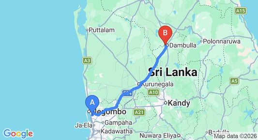 Driving route map: Colombo Airport (CMB) to Pleasure Island Boat Service, Dambulla (129 km, approx 2 h 46 min private transfer)
