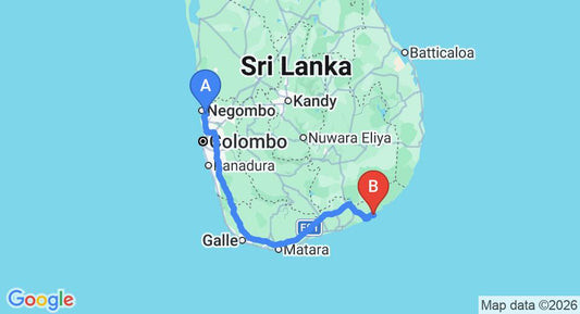 Driving route map: Colombo Airport (CMB) to Wild Coast Tented Lodge, Yala (300 km, approx 4 h 24 min private transfer)