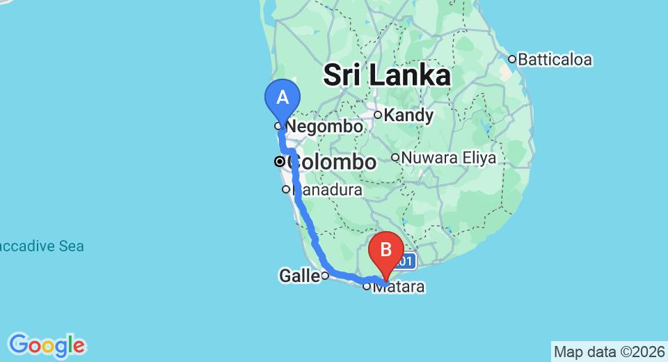 Driving route map: Colombo Airport (CMB) to UTMT by Jetwing, Dikwella (200 km, approx 2 h 51 min private transfer)
