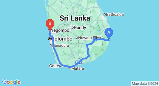 Driving route map: Pottuvil to Colombo Airport (CMB) (409 km, approx 6 h 16 min private transfer)