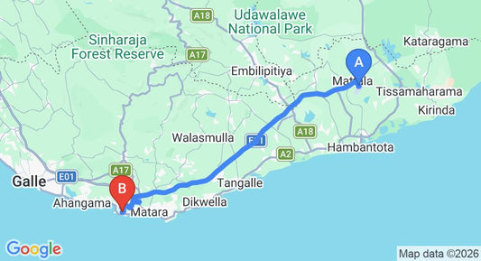 Driving route map: Mattala (HRI) Airport to Mirissa (95 km, approx 1 h 27 min private transfer)