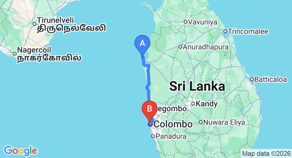 Driving route map: Kalkudah to Colombo Seaport (156 km, approx 3 h 32 min private transfer)