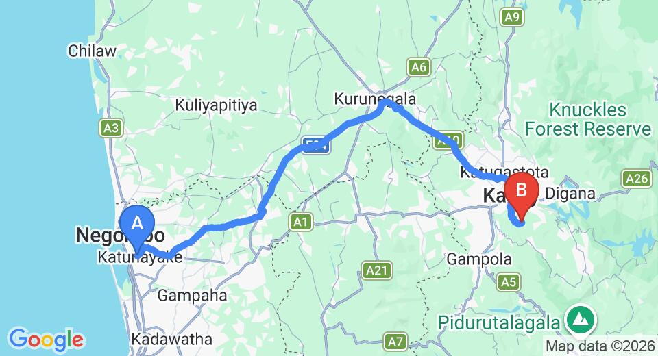 Driving route map: Colombo Airport (CMB) to Dream Lodge, Kandy (125 km, approx 3 h 25 min private transfer)