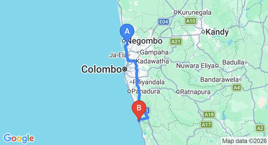 Driving route map: Colombo Airport (CMB) to Sri Budhasa Ayurveda, Bentota (108 km, approx 1 h 41 min private transfer)
