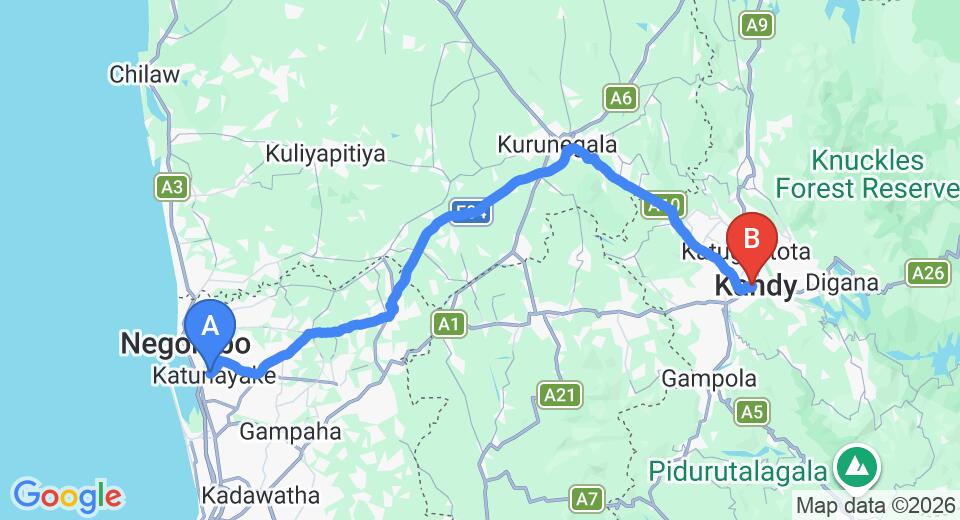 Driving route map: Colombo Airport (CMB) to Hotel Hill Top, Kandy (113 km, approx 2 h 48 min private transfer)