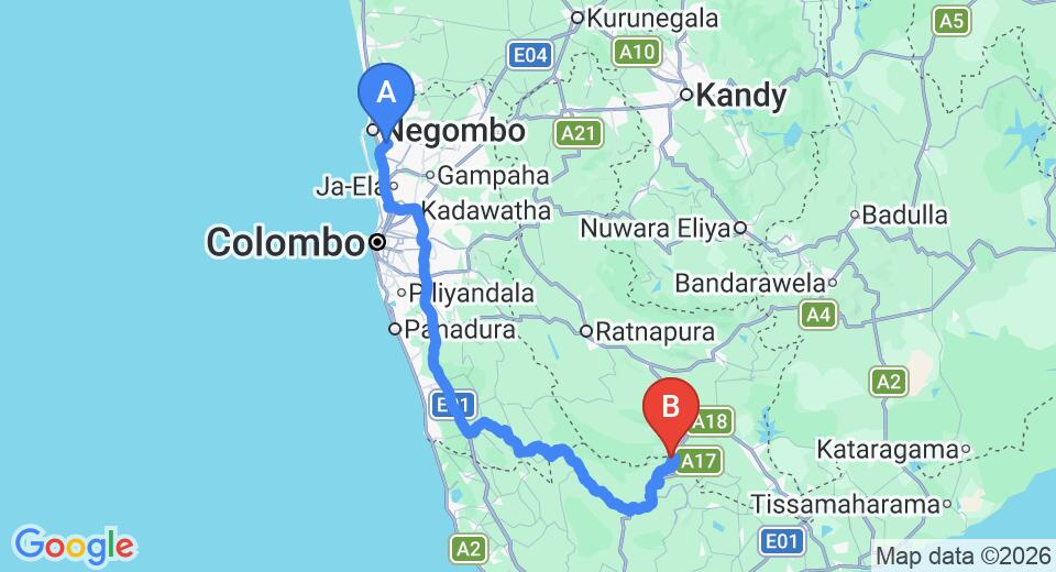 Driving route map: Colombo Airport (CMB) to Rainforest Ecolodge, Sinharaja (201 km, approx 4 h 34 min private transfer)