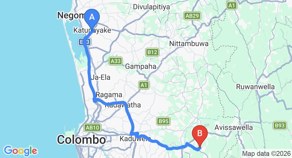 Driving route map: Colombo Airport (CMB) to The Nature's Resort, Hanwella (58 km, approx 1 h 18 min private transfer)