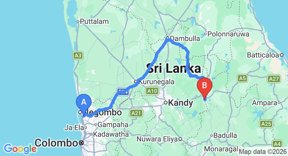 Driving route map: Colombo Airport (CMB) to Public Administration Rest, Mahiyanganaya (222 km, approx 4 h 41 min private transfer)