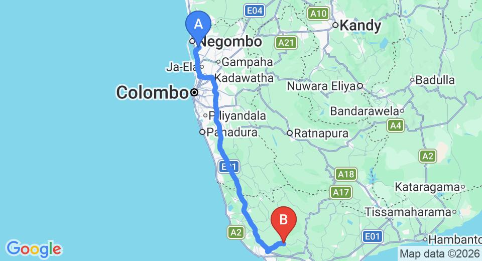 Driving route map: Colombo Airport (CMB) to Hareesha Holiday Resort, Galle (159 km, approx 2 h 20 min private transfer)