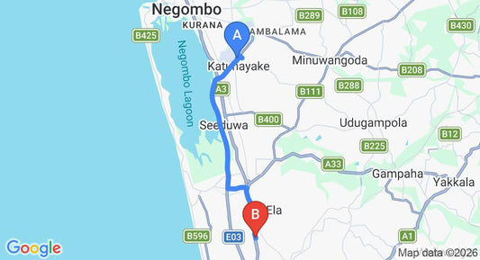 Driving route map: Colombo Airport (CMB) to Kandana (17 km, approx 26 min private transfer)
