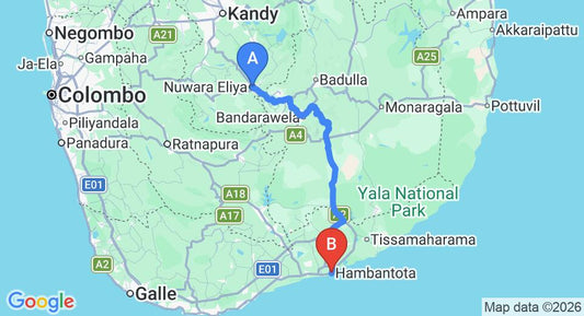 Driving route map: Nuwara Eliya to Hambantota (164 km, approx 4 h 0 min private transfer)